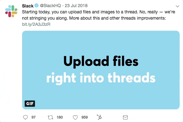 screenshot of a slack tweet using a gif to show how to upload files and images to threads.