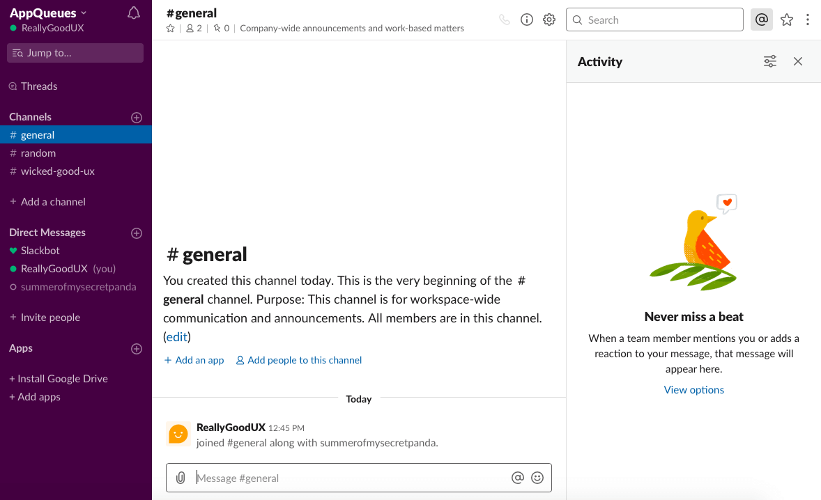 Slack, general channel