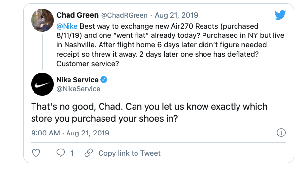 screenshot of a nike tweet responding to a customer complaint.