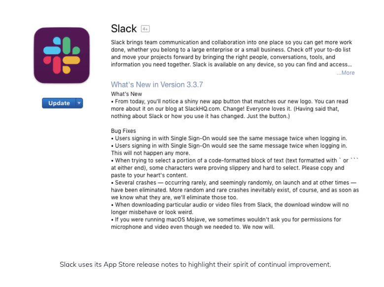 screenshot of slacks in-app release notes.