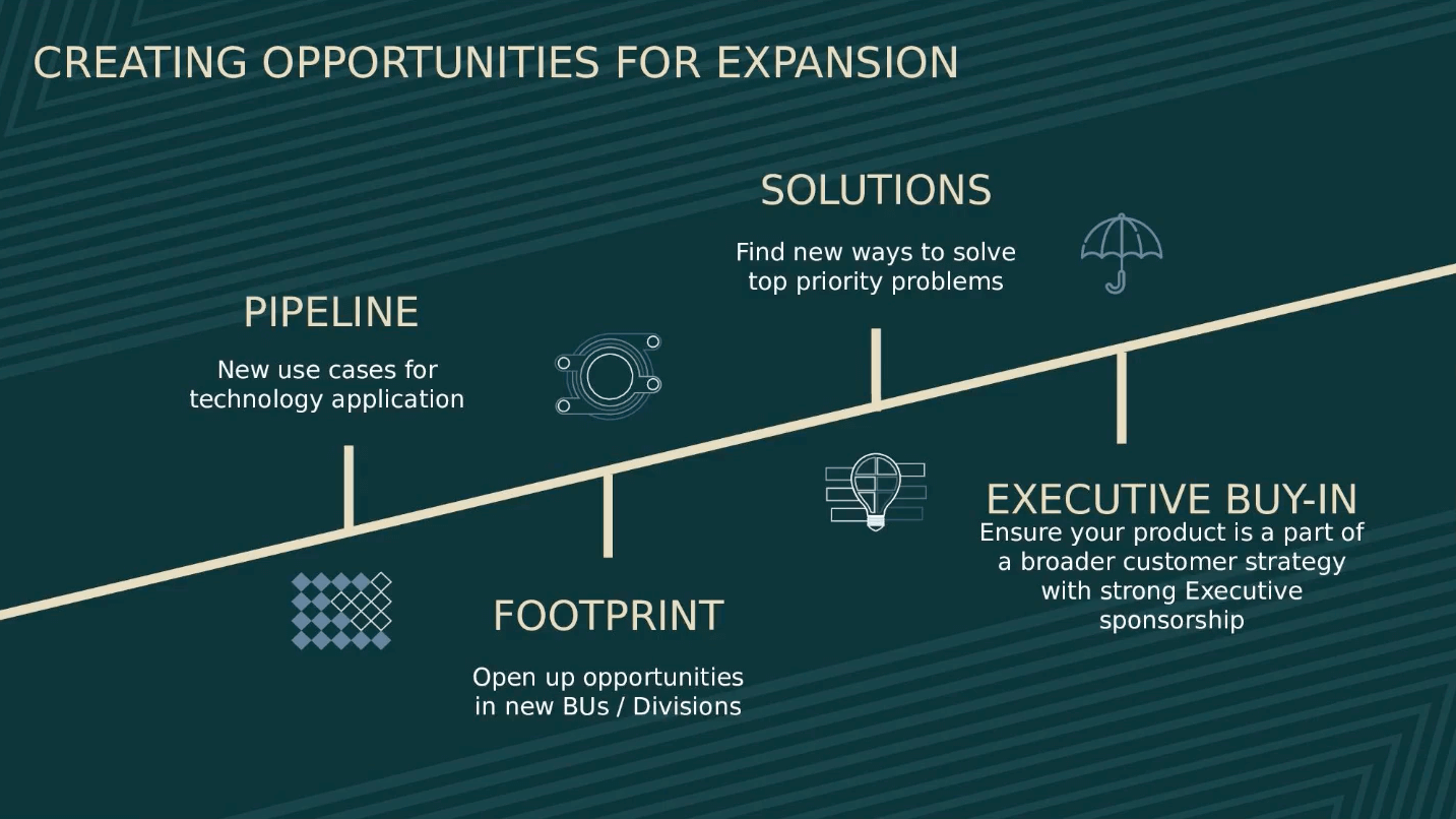 Creating opportunities for expansion: pipeline; footprint; solutions; and executive buy-in.