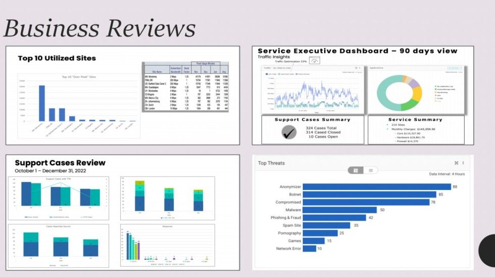 Image shows slide titled "Business reviews" with four different graphs and charts to illustrate.