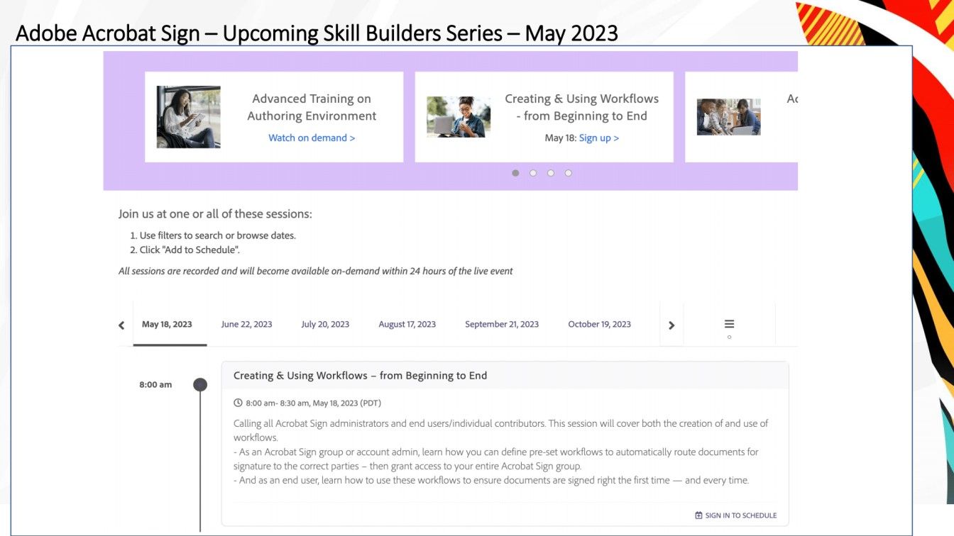 A powerpoint slide showing text reading: "Adobe Acrobat Sign - Upcoming Skill Builders Series 2023"
