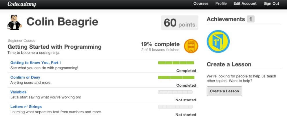 Image showing onboarding and gamification with Codeacademy This gamified learning platform for coding has users complete coding challenges and exercises, earning points and badges as they master new skills. Progress bars and streaks motivate daily sessions to advance.