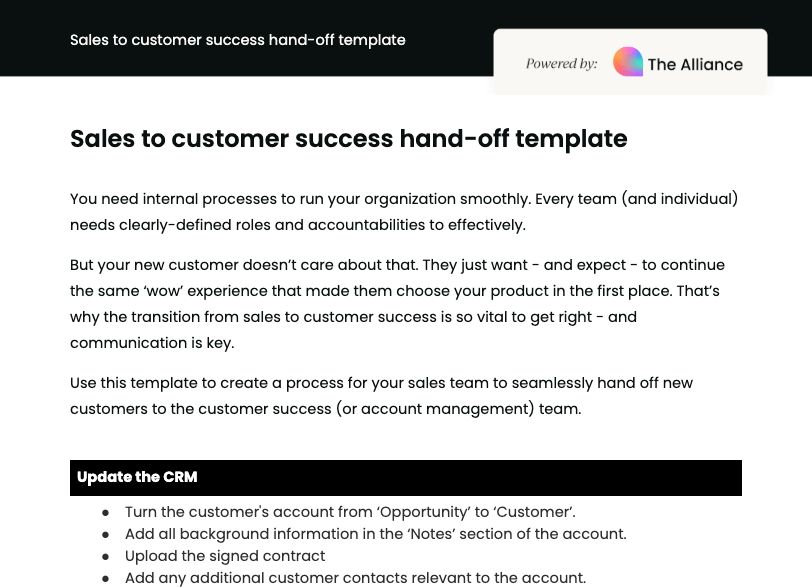 Sales to customer success hand-off template